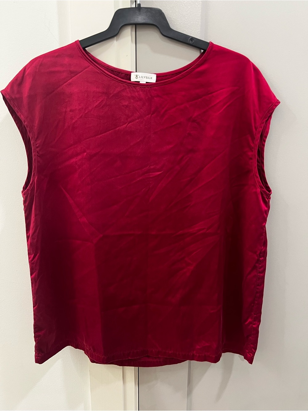 Womens Red Silk Cap-Sleeve Top